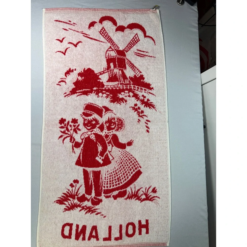 Vintage Wevo Lux Holland Souvenir Tea Towel Red White Dutch Boy Girl Windmill